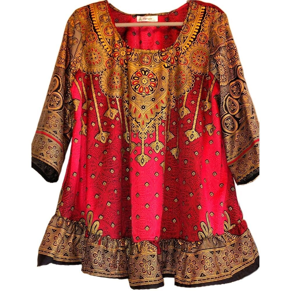 Lapogee Tunic Top Large L Red Gold Boho Dashiki Flare Sleeve Ruffle Hem India